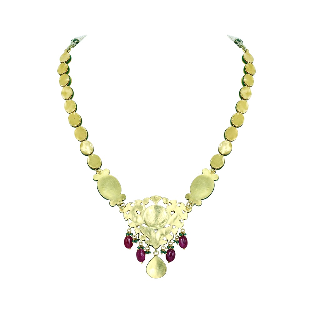 Enamel Necklace with Green-Red Accents, Pearls, and Gemstones